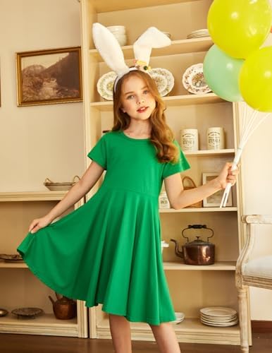 Trudge Girls Summer Swing Dress A-line Short-Sleeved Cotton Solid Color Princess T-Shirt Dresses Basic Fattern Skater Dress 3-13 Years