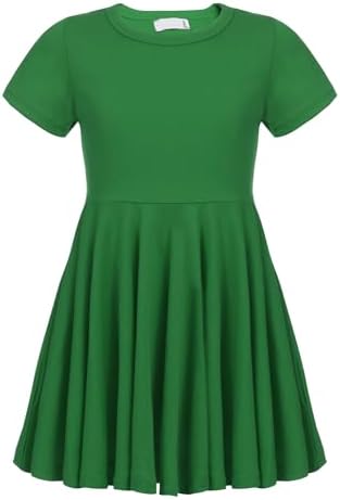 trudge Girls Summer Swing Dress A-line Short-Sleeved Cotton Solid Color Princess T-Shirt Dresses Basic Fattern Skater Dress 3-13 Years