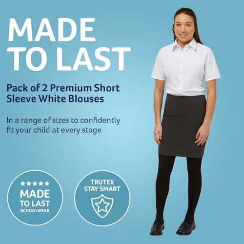 Trutex Basics 2 Pack Girls Short Sleeve School Shirts (3-16+ Yrs) Girls Slim Fit School Shirts White Shirts For Girls Easy Iron Short Sleeve School Shirts Girls White -Genuine School Uniform