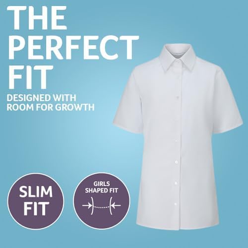 Trutex Basics 2 Pack Girls Short Sleeve School Shirts (3-16+ Yrs) Girls Slim Fit School Shirts White Shirts For Girls Easy Iron Short Sleeve School Shirts Girls White -Genuine School Uniform