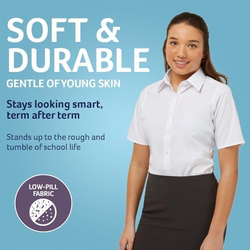 Trutex Basics 2 Pack Girls Short Sleeve School Shirts (3-16+ Yrs) Girls Slim Fit School Shirts White Shirts For Girls Easy Iron Short Sleeve School Shirts Girls White -Genuine School Uniform