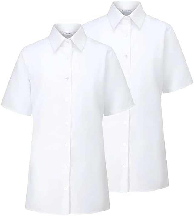 Trutex Basics 2 Pack Girls Short Sleeve School Shirts (3-16+ Yrs) Girls Slim Fit School Shirts White Shirts for Girls Easy Iron Short Sleeve School Shirts Girls White -Genuine School Uniform