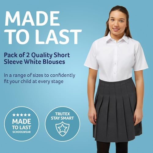 Trutex Basics 2 Pack Girls Short Sleeve School Shirts (3-16+ Years). Regular Fit Girls School Blouses White Shirts For Girls Easy Iron Girls White School Shirts - Genuine School Uniform