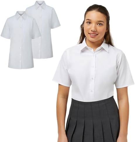 Trutex Basics 2 Pack Girls Short Sleeve School Shirts (3-16+ Years). Regular Fit Girls School Blouses White Shirts for Girls Easy Iron Girls White School Shirts - Genuine School Uniform