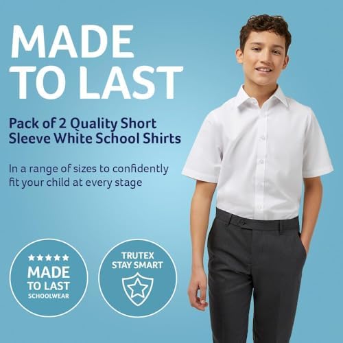 Trutex Boys 2 Pack White Short Sleeve School Shirts (3-16+ Years). Regular Fit Easy Iron Button Down Shirts For Boys Genuine School Uniform
