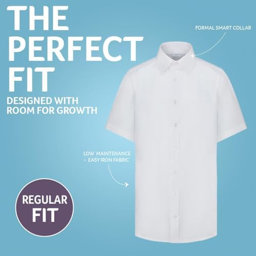 Trutex Boys 2 Pack White Short Sleeve School Shirts (3-16+ Years). Regular Fit Easy Iron Button Down Shirts For Boys Genuine School Uniform