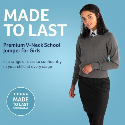 Trutex Girls School Jumper V Neck Cotton Long Raglan Sleeve Fitted Low-Pill Fabric Machine Washable
