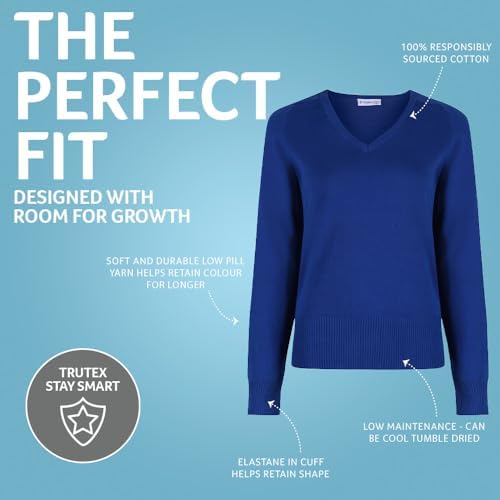 Trutex Girls School Jumper V Neck Cotton Long Raglan Sleeve Fitted Low-Pill Fabric Machine Washable
