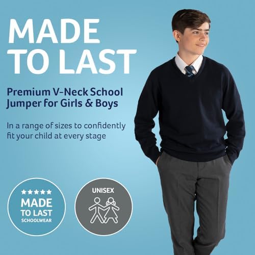 Trutex Plain V Neck Jumper 100% Cotton Unisex Girl's Boy's Kids Size Age 3-16+ Years Men's Size XXS To 3XL Standard Fit Long Sleeve School Jumpers