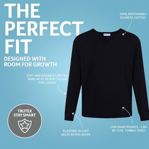 Trutex Plain V Neck Jumper 100% Cotton Unisex Girl's Boy's Kids Size Age 3-16+ Years Men's Size XXS To 3XL Standard Fit Long Sleeve School Jumpers