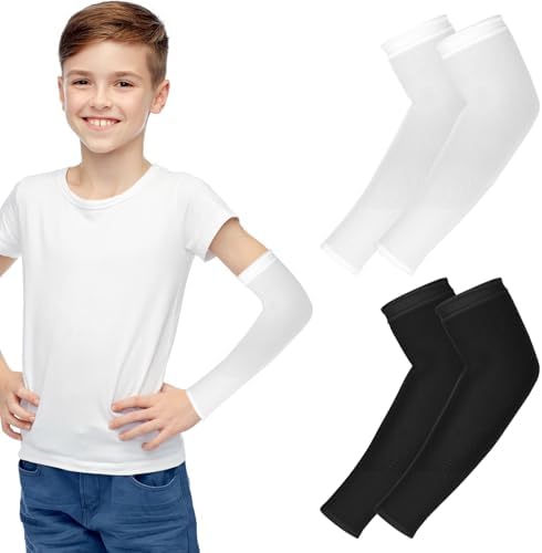 Tucnoeu 2 Pairs Arm Sleeves for Kids UV Protection Arm Sleeves Outdoor Sport Breathable Elastic Ice Sleeve for Boys Girls Compression Arm Sleeve(Black+White)