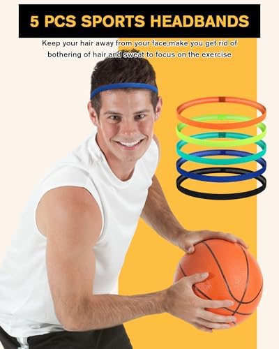 Tumurup Sports Hair Bands Thin For Boys Pack Of 5 Sports Headbands Children's Hair Band Men's Non-Slip Elastic Headbands For Football Tennis Running Yoga