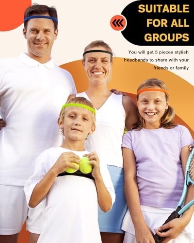 Tumurup Sports Hair Bands Thin For Boys Pack Of 5 Sports Headbands Children's Hair Band Men's Non-Slip Elastic Headbands For Football Tennis Running Yoga