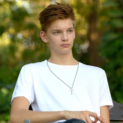 Twutqel Cross Necklace For Men Boys Adjustable Silver/Black Stainless Steel Cross Chain 16th 18th Birthday Baptism Christmas Gifts For Son Grandson Nephew Brother Cousin Age 6-21