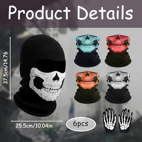 TZMFHD Ghost Mask 6-Piece Set For Outdoor Sports 375mm×255mm Skull Balaclava Ghost Face Mask Costume Parties Makeup Events And Winter Warmth Skull Mask