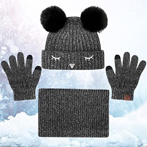 UMIPUBO Kids Warm Beanie Scarf Gloves Set 3 In 1 Winter Thermal Knitted Pom Pom Hats Neck Warmer Touchscreen Gloves For Children 6-10 Years