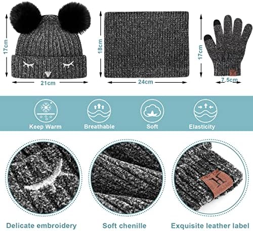 UMIPUBO Kids Warm Beanie Scarf Gloves Set 3 In 1 Winter Thermal Knitted Pom Pom Hats Neck Warmer Touchscreen Gloves For Children 6-10 Years
