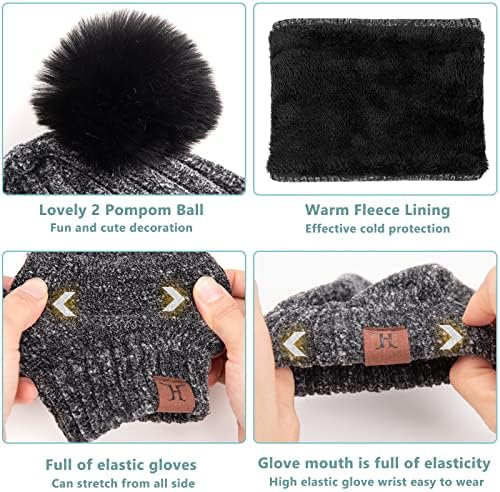 UMIPUBO Kids Warm Beanie Scarf Gloves Set 3 In 1 Winter Thermal Knitted Pom Pom Hats Neck Warmer Touchscreen Gloves For Children 6-10 Years