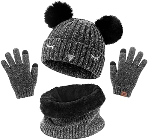 UMIPUBO Kids Warm Beanie Scarf Gloves Set 3 in 1 Winter Thermal Knitted Pom Pom Hats Neck Warmer Touchscreen Gloves For Children 6-10 years