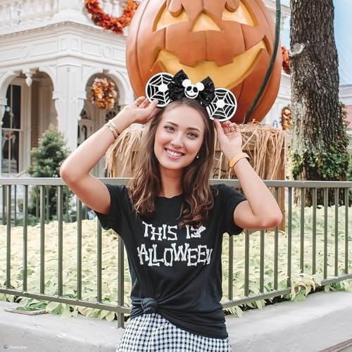 UNKJIN 2 Pcs Halloween Mouse Ears Headband For Women Boys Girls Sequin Bow Glitter Headband For Halloween Accessories (Pumpkin And Cobweb)