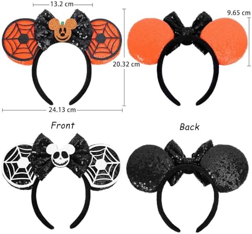 UNKJIN 2 Pcs Halloween Mouse Ears Headband For Women Boys Girls Sequin Bow Glitter Headband For Halloween Accessories (Pumpkin And Cobweb)
