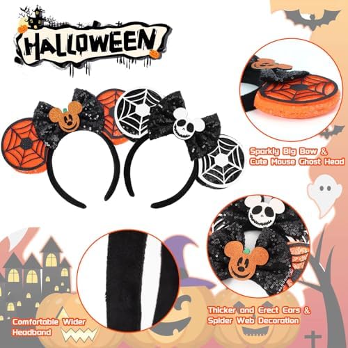 UNKJIN 2 Pcs Halloween Mouse Ears Headband For Women Boys Girls Sequin Bow Glitter Headband For Halloween Accessories (Pumpkin And Cobweb)
