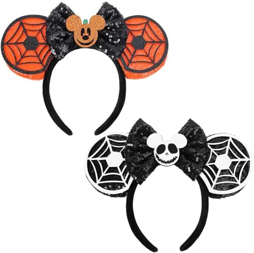 UNKJIN 2 Pcs Halloween Mouse Ears Headband for Women Boys Girls Sequin Bow Glitter Headband for Halloween Accessories (Pumpkin and Cobweb)
