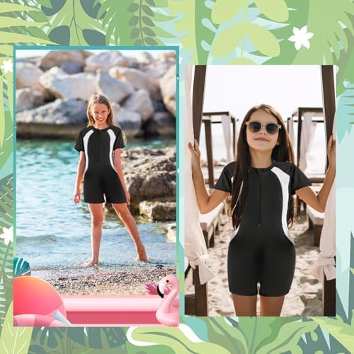 UoQo 2in1 Swimming Costume For Girls Short Sleeve One Piece Swim Suit With Skirt Quick Drying Kids Swimwear For Summer Swim Beach Water Sports