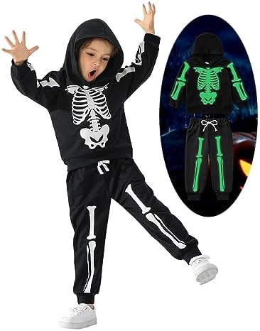 URMAGIC Skeleton Costume Glow In The Dark Hoodies Set For Toddler Boys Girls Halloween Skull Costumes Sweatshirt Tracksuit Pants Set Fancy Dress For Kids 18-24 Months 2T 3T 4T 5T 6 Years