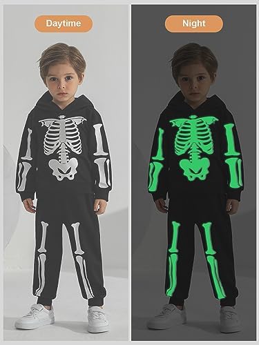 URMAGIC Skeleton Costume Glow In The Dark Hoodies Set For Toddler Boys Girls Halloween Skull Costumes Sweatshirt Tracksuit Pants Set Fancy Dress For Kids 18-24 Months 2T 3T 4T 5T 6 Years