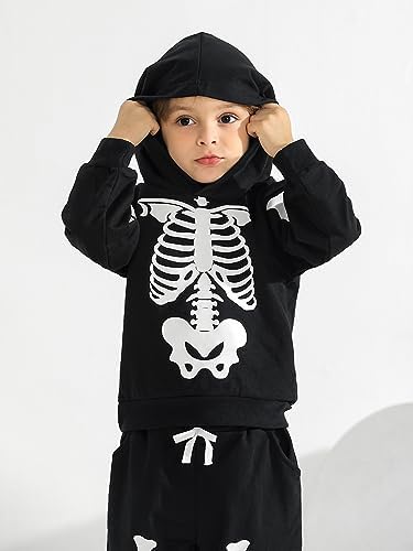 URMAGIC Skeleton Costume Glow In The Dark Hoodies Set For Toddler Boys Girls Halloween Skull Costumes Sweatshirt Tracksuit Pants Set Fancy Dress For Kids 18-24 Months 2T 3T 4T 5T 6 Years