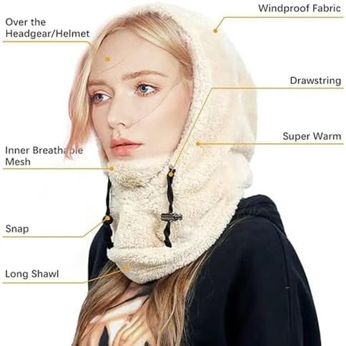 Vacclo Warm Sherpa Hood Ski Mask - Sherpa Hood Ski Mask - Adjustable Windproof Balaclava Scarf For Women And Men In Cold Weather - Perfect For Skiing Riding And Cycling