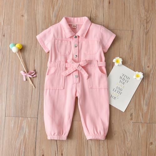 Valcatch Kids Girls Workwear Jumpsuit Jean One-Piece Outfits Denim Stand Coller Short-Sleeved Boiler Suit Solid Bowknot Pockets Button Bodysuit Little Kids Girls Jumpsuit 2-7Y