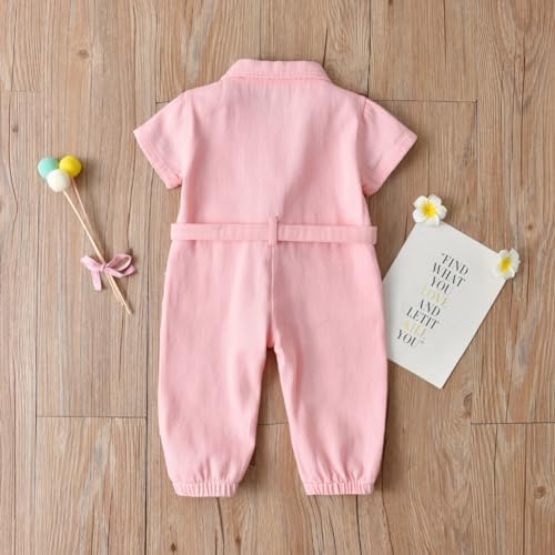 Valcatch Kids Girls Workwear Jumpsuit Jean One-Piece Outfits Denim Stand Coller Short-Sleeved Boiler Suit Solid Bowknot Pockets Button Bodysuit Little Kids Girls Jumpsuit 2-7Y