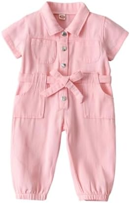 Valcatch Kids Girls Workwear Jumpsuit Jean One-Piece Outfits Denim Stand Coller Short-Sleeved Boiler Suit Solid Bowknot Pockets Button Bodysuit Little Kids Girls Jumpsuit 2-7Y