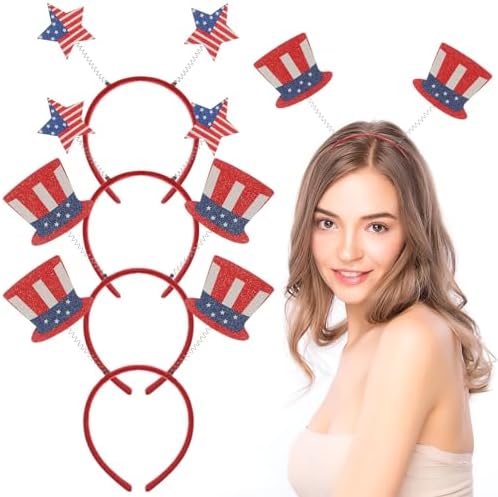 VALICLUD Star Headband 4pcs 4th Of July Party Headband American Flag Star Top Hat Head Bopper Patriotic Hairbands Headdress For Independence Day Celebration Headwrap
