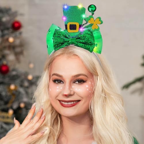 Vatocu St. Patrick's Day Headband Light Up Green Top Hat Headbands Shamrock Bow Hair Accessories For Women