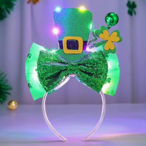 Vatocu St. Patrick's Day Headband Light Up Green Top Hat Headbands Shamrock Bow Hair Accessories For Women