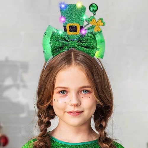 Vatocu St. Patrick's Day Headband Light Up Green Top Hat Headbands Shamrock Bow Hair Accessories For Women