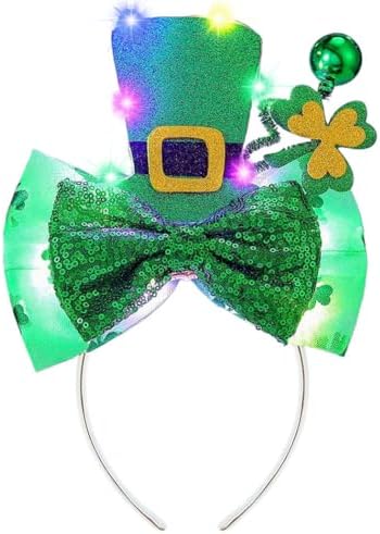 Vatocu St. Patrick's Day Headband Light Up Green Top Hat Headbands Shamrock Bow Hair Accessories for Women
