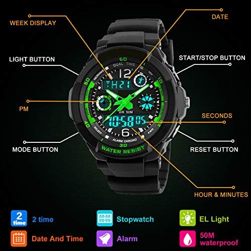 VDSOW Digital Watches For Kids Boys - 50M Waterproof Outdoor Sports Analogue Watch With Alarm/Timer/Dual Time Zone/LED Light Childrens Electronic Shock Resistant Wrist Watches For Junior Teenagers