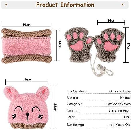 VDSOW Hat Scarf And Gloves Set For Girls Pink Knitted Baby Hat Scarf Glove Sets For Toddler Kids Winter Beanie Cap Neckerchief Fluffy Neck Warmer Hats And Gloves Gifts For Girl Boy 1-4 Years