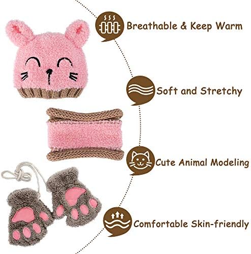 VDSOW Hat Scarf And Gloves Set For Girls Pink Knitted Baby Hat Scarf Glove Sets For Toddler Kids Winter Beanie Cap Neckerchief Fluffy Neck Warmer Hats And Gloves Gifts For Girl Boy 1-4 Years