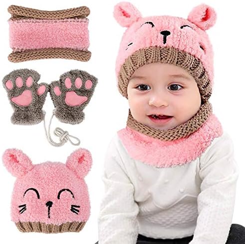 VDSOW Hat Scarf and Gloves Set for Girls Pink Knitted Baby Hat Scarf Glove Sets for Toddler Kids Winter Beanie Cap Neckerchief Fluffy Neck Warmer Hats and Gloves Gifts for Girl Boy 1-4 Years