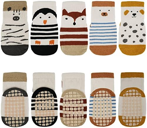 Vicloon 5 Pairs Baby Socks for Boys & Girls Non Slip Socks with Grips Anti Slip Cotton Socks Medium Tube Socks 1 Year