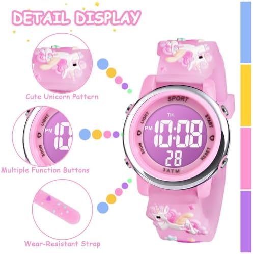 Vicloon Kids Watch Toddler Digital Watch Digital Watch LED Electrical Watches 7 Color Lights Watch With Alarm Stopwatch Unicorn Valentine's Day Gift For 3-10 Year Girls