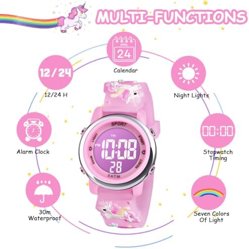 Vicloon Kids Watch Toddler Digital Watch Digital Watch LED Electrical Watches 7 Color Lights Watch With Alarm Stopwatch Unicorn Valentine's Day Gift For 3-10 Year Girls