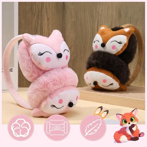 ViEinkaufen 2 Pack Kids Furry Winter Earmuffs Cute Fox Plush Ear Warmers For Boys & Girls Folding Ear Cover Windproof Warm Ears Protector For Students Pink & Brown