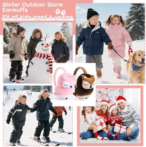 ViEinkaufen 2 Pack Kids Furry Winter Earmuffs Cute Fox Plush Ear Warmers For Boys & Girls Folding Ear Cover Windproof Warm Ears Protector For Students Pink & Brown