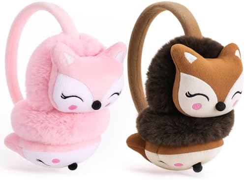 ViEinkaufen 2 Pack Kids Furry Winter Earmuffs Cute Fox Plush Ear Warmers for Boys & Girls Folding Ear Cover Windproof Warm Ears Protector for Students Pink & Brown